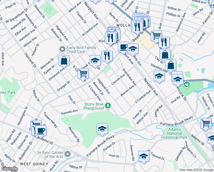 map of restaurants, bars, coffee shops, grocery stores, and more near 333 Highland Avenue in Quincy