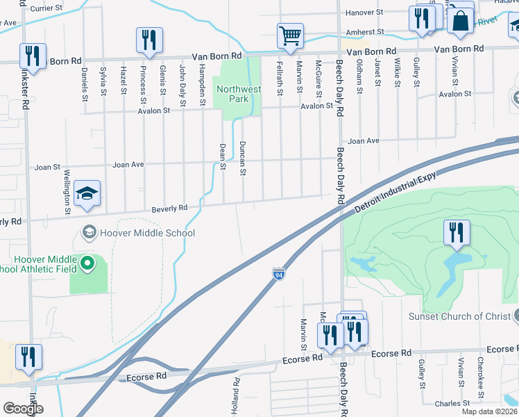 map of restaurants, bars, coffee shops, grocery stores, and more near 6461 Holland Road in Taylor