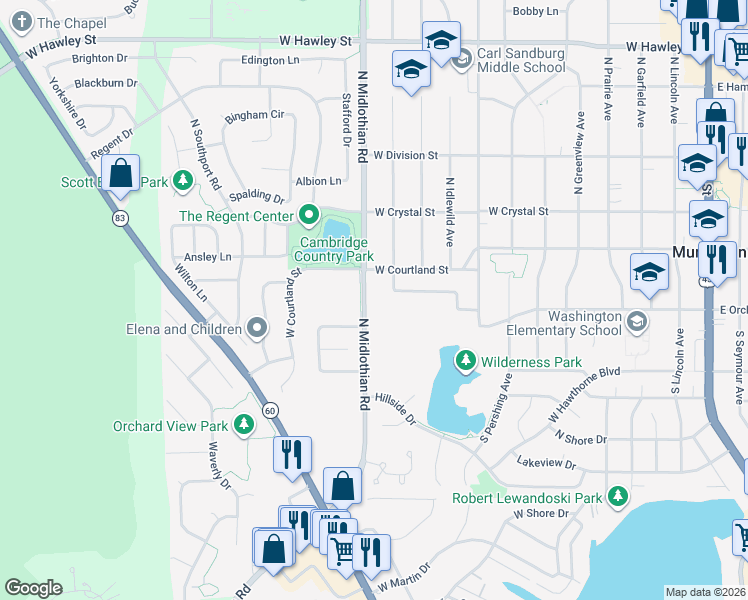 map of restaurants, bars, coffee shops, grocery stores, and more near 57 South Midlothian Road in Mundelein