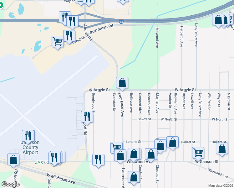 map of restaurants, bars, coffee shops, grocery stores, and more near 1027 Evanston Drive in Jackson
