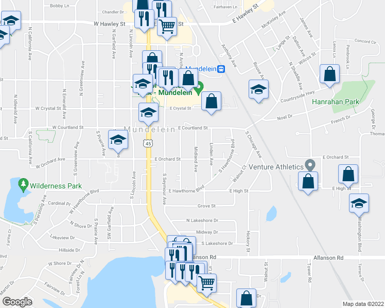 map of restaurants, bars, coffee shops, grocery stores, and more near 62 Midland Avenue in Mundelein