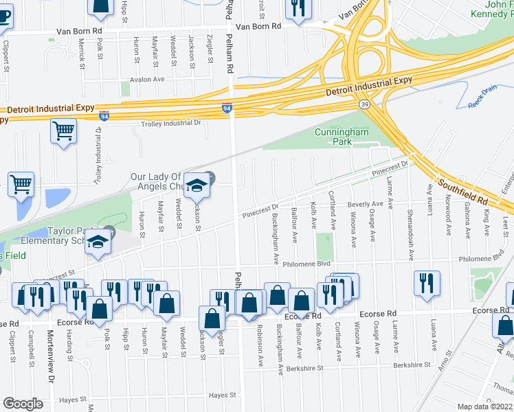 map of restaurants, bars, coffee shops, grocery stores, and more near 5838 Robinson Avenue in Allen Park