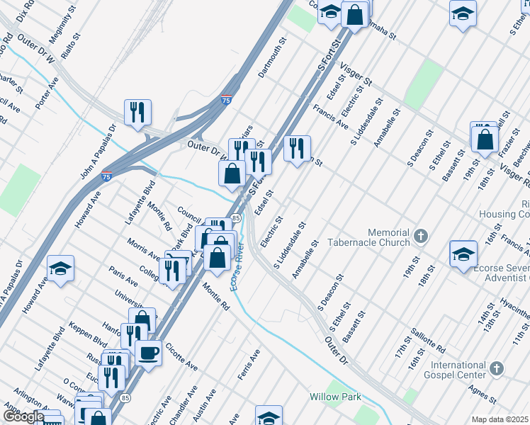 map of restaurants, bars, coffee shops, grocery stores, and more near 26159 West Outer Drive in Detroit