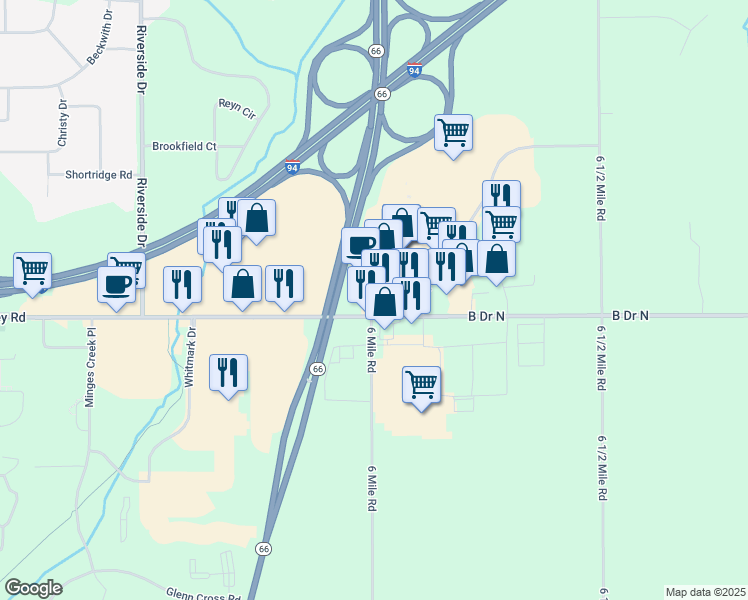 map of restaurants, bars, coffee shops, grocery stores, and more near 5575 B Drive North in Battle Creek