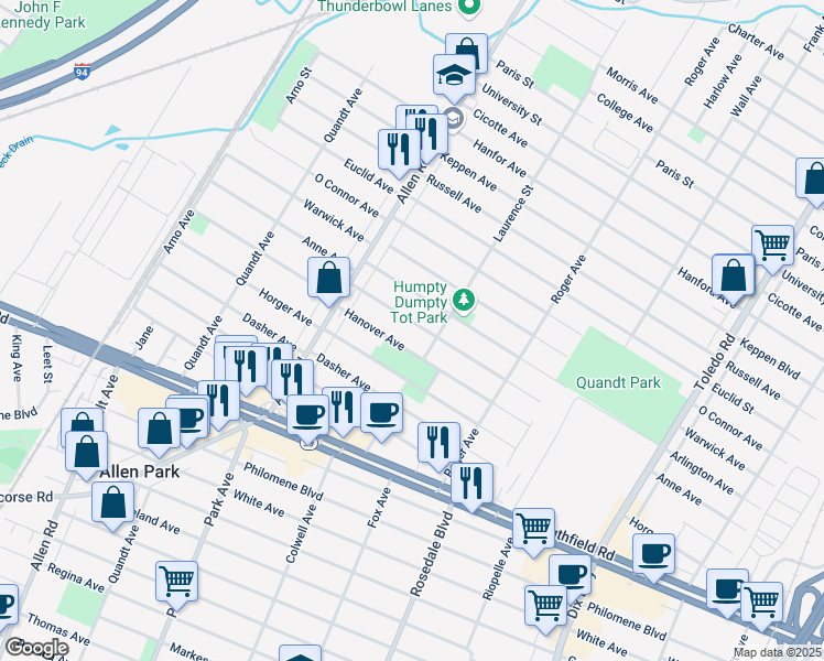 map of restaurants, bars, coffee shops, grocery stores, and more near 15126 Hanover Avenue in Allen Park