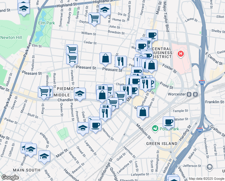 map of restaurants, bars, coffee shops, grocery stores, and more near Irving Street in Worcester