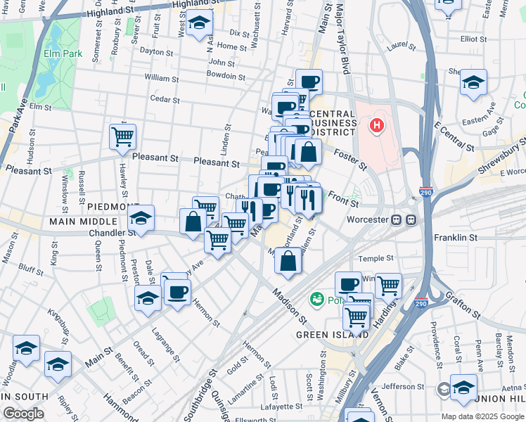 map of restaurants, bars, coffee shops, grocery stores, and more near in Worcester