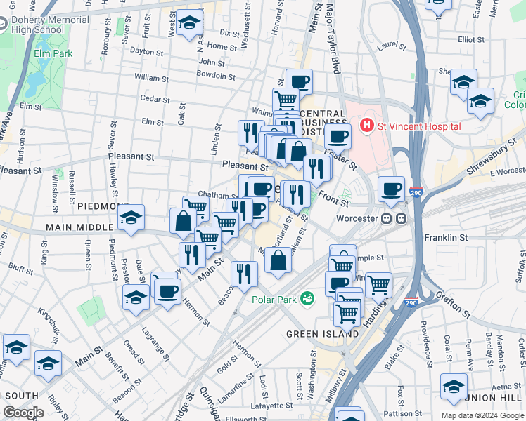 map of restaurants, bars, coffee shops, grocery stores, and more near in Worcester