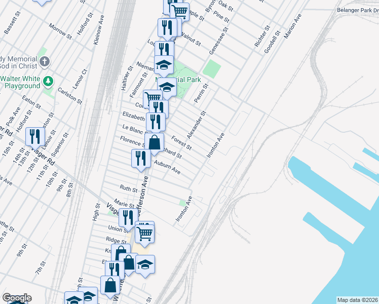 map of restaurants, bars, coffee shops, grocery stores, and more near 57 Orchard Street in River Rouge