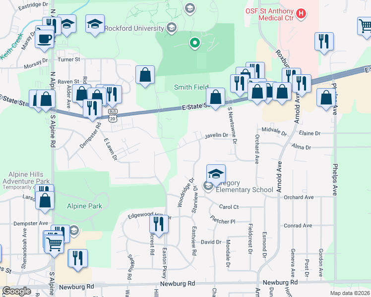 map of restaurants, bars, coffee shops, grocery stores, and more near 4812 Woodridge Court in Rockford