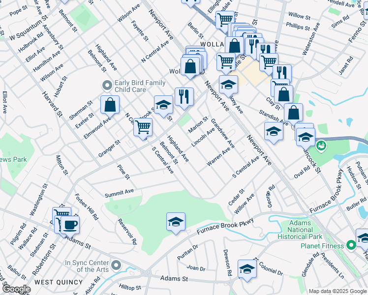 map of restaurants, bars, coffee shops, grocery stores, and more near 333 Highland Avenue in Quincy