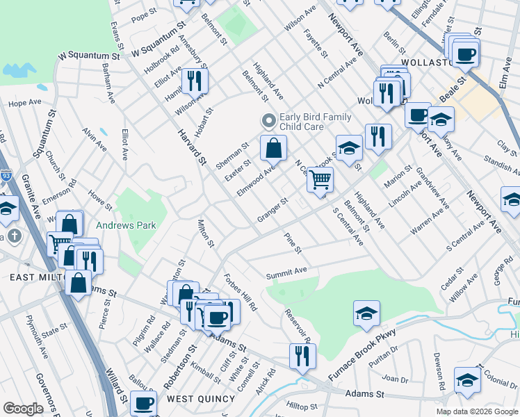 map of restaurants, bars, coffee shops, grocery stores, and more near 91 Granger Street in Quincy