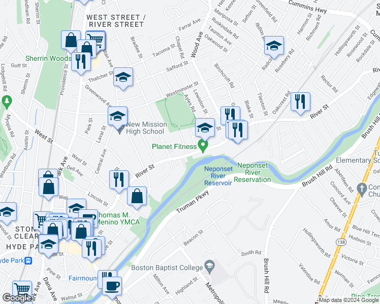 map of restaurants, bars, coffee shops, grocery stores, and more near 946 River Street in Boston