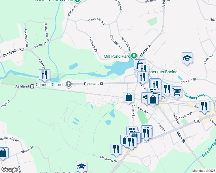 map of restaurants, bars, coffee shops, grocery stores, and more near 15 Metcalf Avenue in Ashland