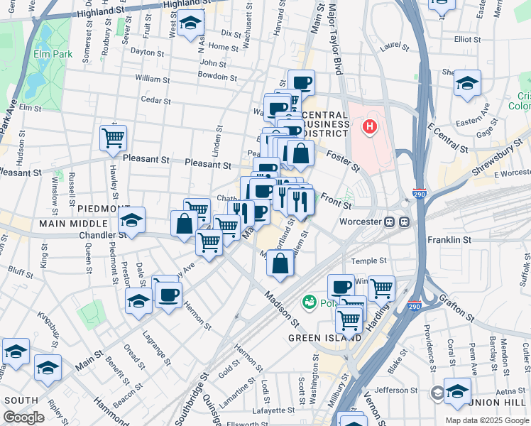 map of restaurants, bars, coffee shops, grocery stores, and more near in Worcester
