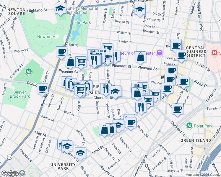 map of restaurants, bars, coffee shops, grocery stores, and more near 40 Newbury Street in Worcester