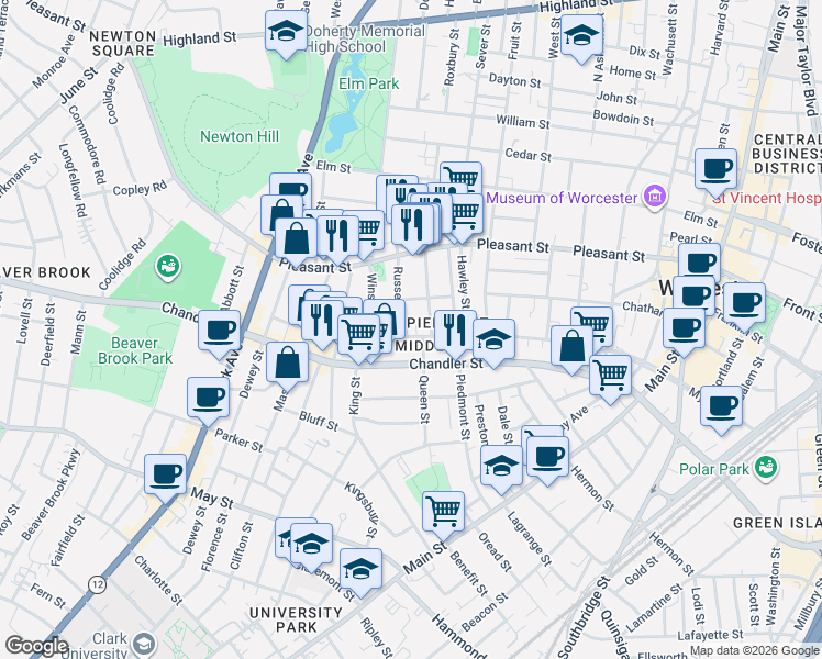 map of restaurants, bars, coffee shops, grocery stores, and more near in Worcester