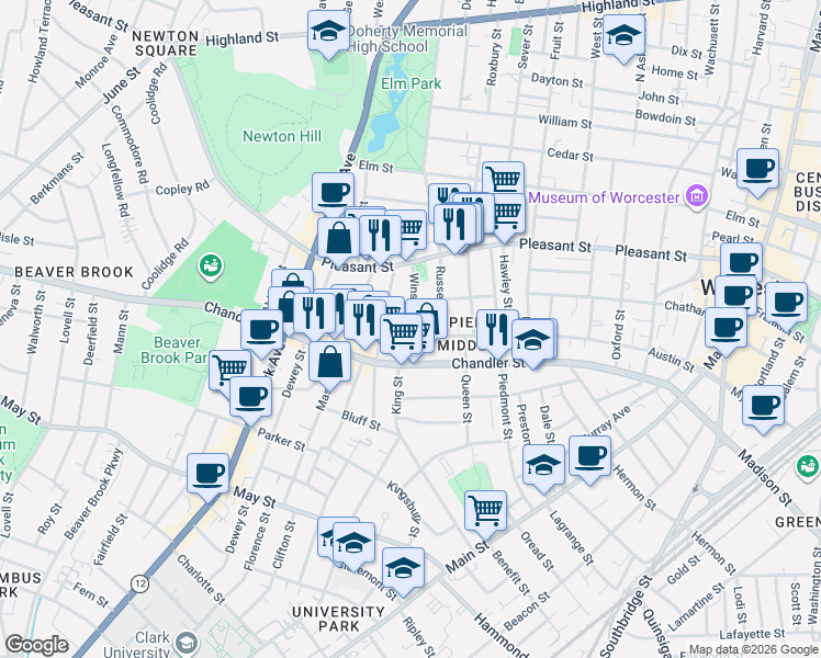 map of restaurants, bars, coffee shops, grocery stores, and more near 171 Austin Street in Worcester