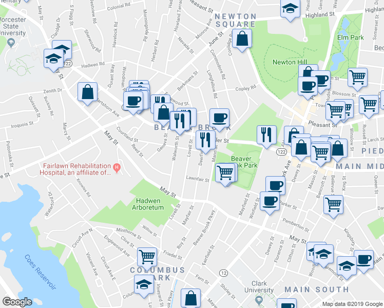 map of restaurants, bars, coffee shops, grocery stores, and more near 306 Lovell Street in Worcester