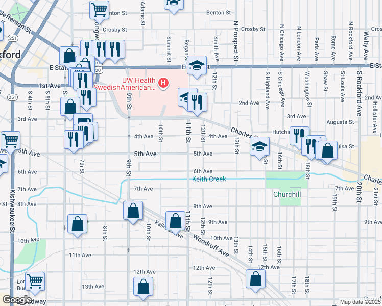 map of restaurants, bars, coffee shops, grocery stores, and more near 614 11th Street in Rockford
