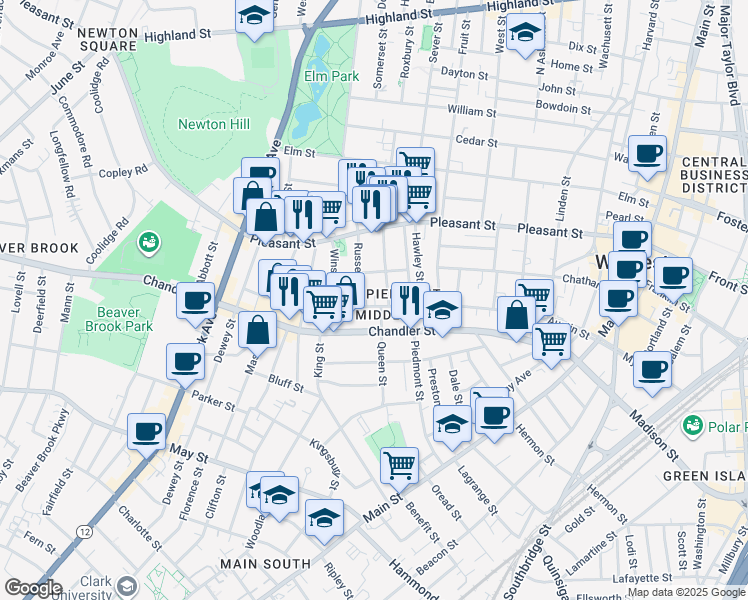 map of restaurants, bars, coffee shops, grocery stores, and more near in Worcester