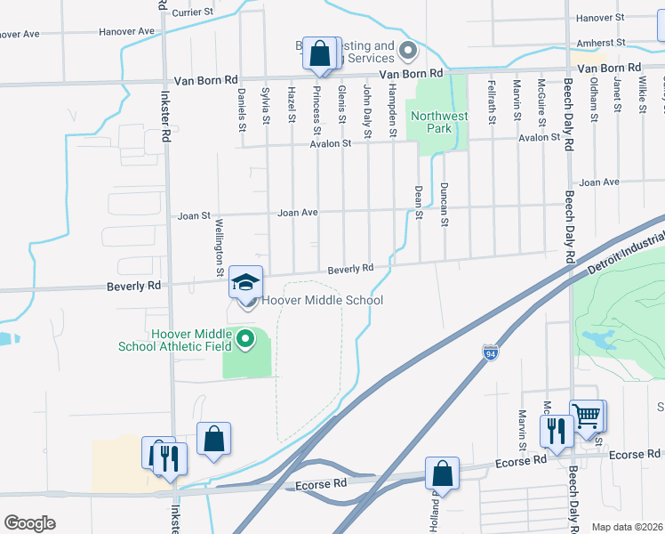 map of restaurants, bars, coffee shops, grocery stores, and more near 26744 Beverly Road in Taylor