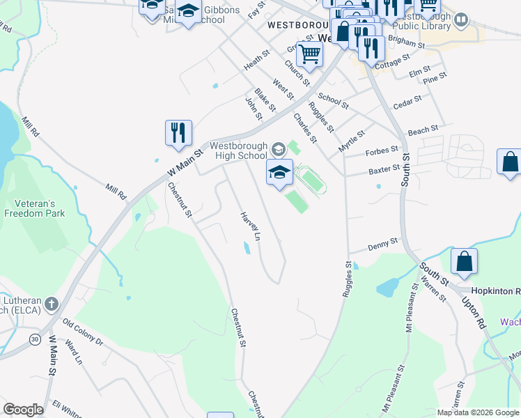 map of restaurants, bars, coffee shops, grocery stores, and more near 22 Harvey Lane in Westborough