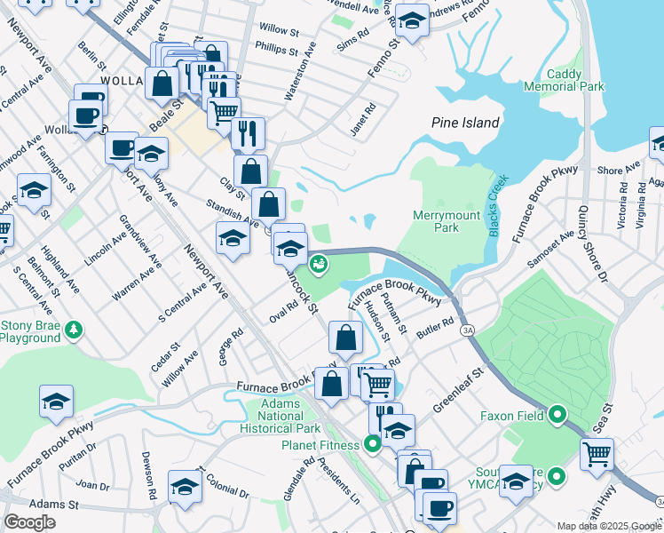 map of restaurants, bars, coffee shops, grocery stores, and more near 850 Hancock Street in Quincy