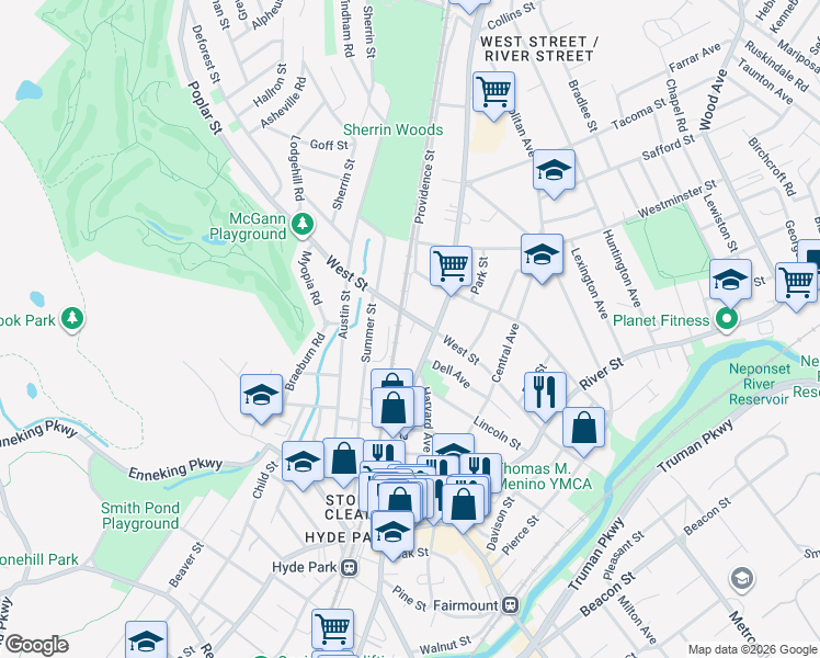 map of restaurants, bars, coffee shops, grocery stores, and more near 1128 Hyde Park Avenue in Boston