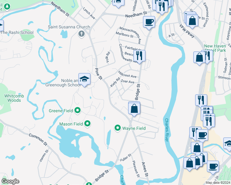 map of restaurants, bars, coffee shops, grocery stores, and more near 12 Rodgers Avenue in Dedham