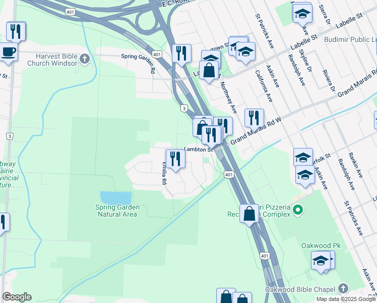 map of restaurants, bars, coffee shops, grocery stores, and more near 2445 Lambton Street in Windsor