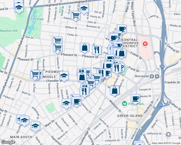 map of restaurants, bars, coffee shops, grocery stores, and more near Irving Street in Worcester