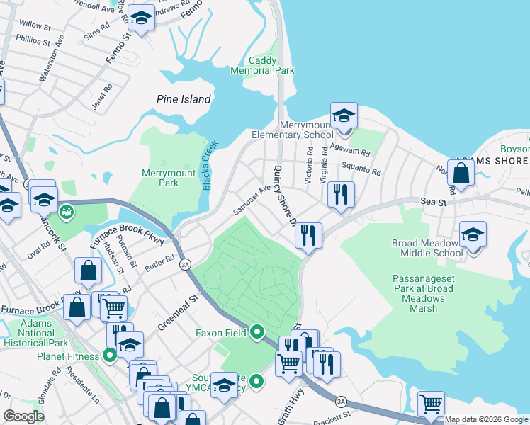 map of restaurants, bars, coffee shops, grocery stores, and more near 69 Longwood Road in Quincy