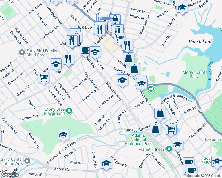 map of restaurants, bars, coffee shops, grocery stores, and more near 17 South Central Avenue in Quincy