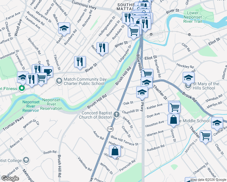 map of restaurants, bars, coffee shops, grocery stores, and more near 7 Brook Road in Milton