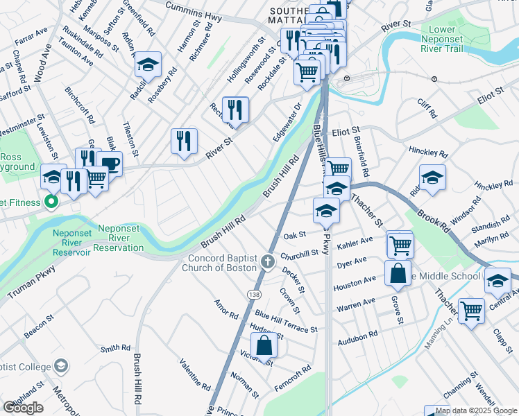 map of restaurants, bars, coffee shops, grocery stores, and more near 7 Brook Road in Milton