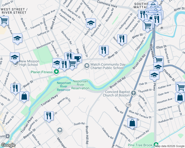 map of restaurants, bars, coffee shops, grocery stores, and more near 63-65 Belnel Road in Boston