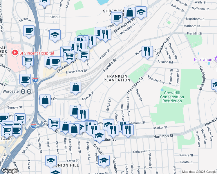 map of restaurants, bars, coffee shops, grocery stores, and more near 76 Orient Street in Worcester