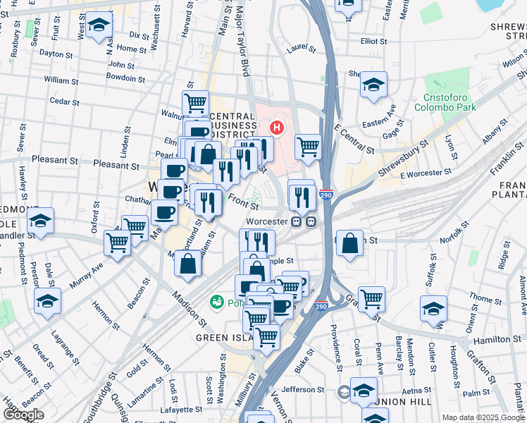 map of restaurants, bars, coffee shops, grocery stores, and more near 65 Foster Street in Worcester