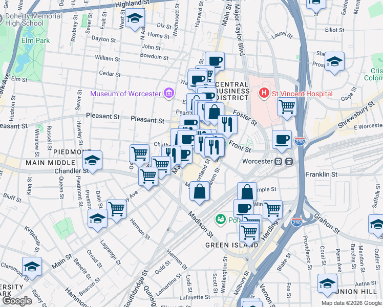 map of restaurants, bars, coffee shops, grocery stores, and more near in Worcester