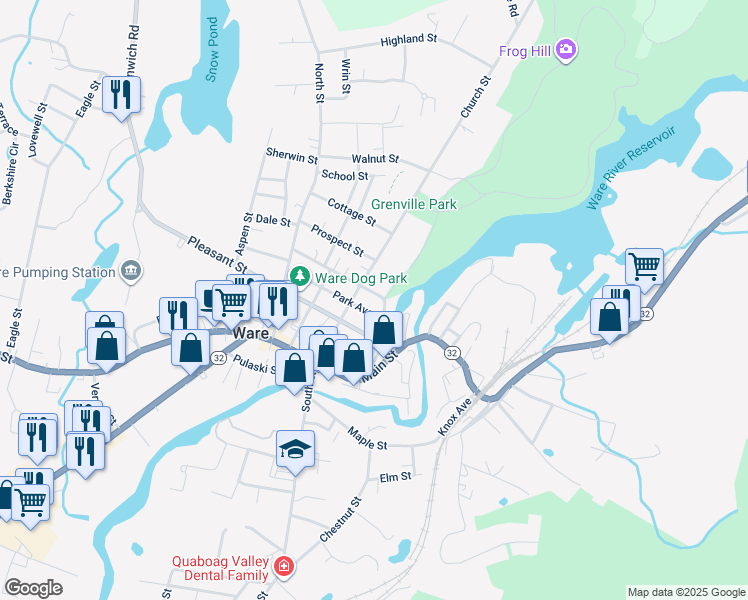 map of restaurants, bars, coffee shops, grocery stores, and more near 34 Park Street in Ware