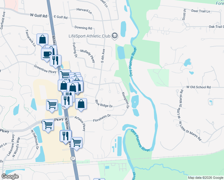 map of restaurants, bars, coffee shops, grocery stores, and more near 1400 Ruidoso Court in Libertyville