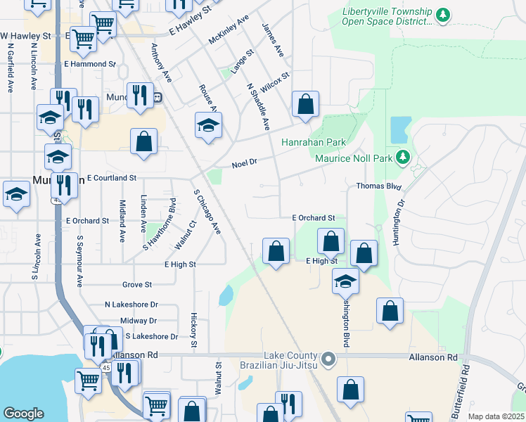map of restaurants, bars, coffee shops, grocery stores, and more near 809 East Orchard Street in Mundelein