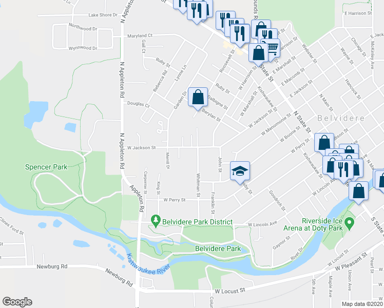 map of restaurants, bars, coffee shops, grocery stores, and more near 816 West Jackson Street in Belvidere