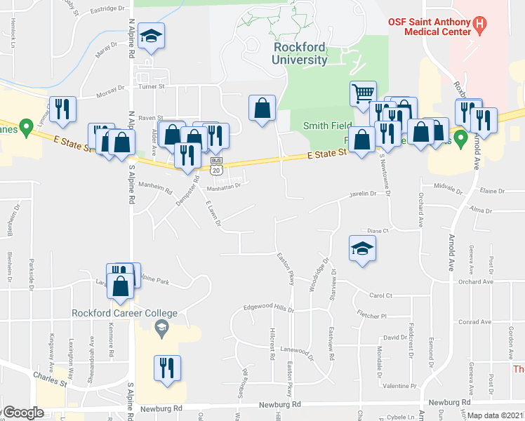 map of restaurants, bars, coffee shops, grocery stores, and more near 735 Easton Parkway in Rockford
