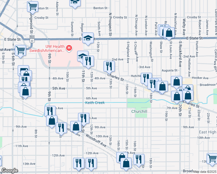 map of restaurants, bars, coffee shops, grocery stores, and more near 1649 5th Avenue in Rockford