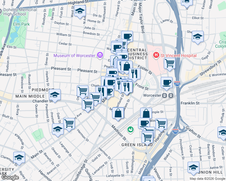 map of restaurants, bars, coffee shops, grocery stores, and more near in Worcester
