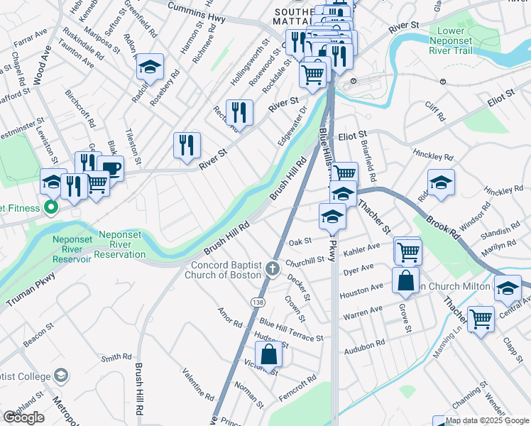 map of restaurants, bars, coffee shops, grocery stores, and more near 7 Brook Road in Milton