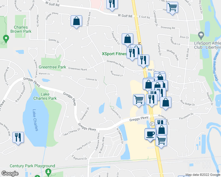 map of restaurants, bars, coffee shops, grocery stores, and more near 1909 Crenshaw Circle in Vernon Hills
