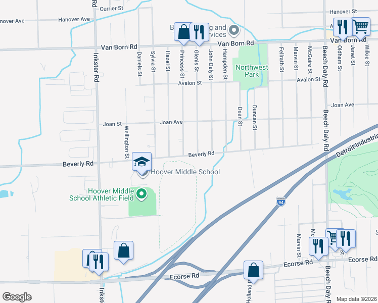 map of restaurants, bars, coffee shops, grocery stores, and more near 26744 Beverly Road in Taylor